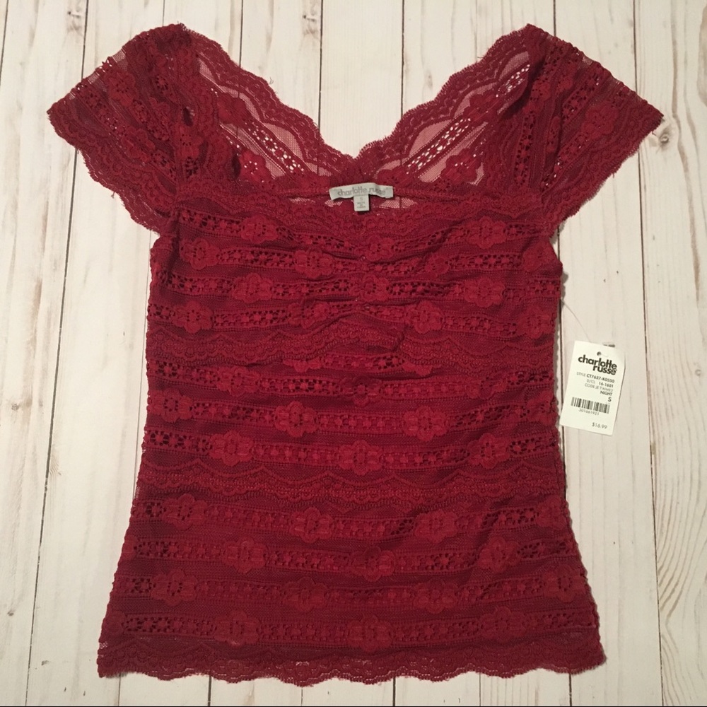 Charlotte Russe Burgundy Lace Top Tee Shirt Small